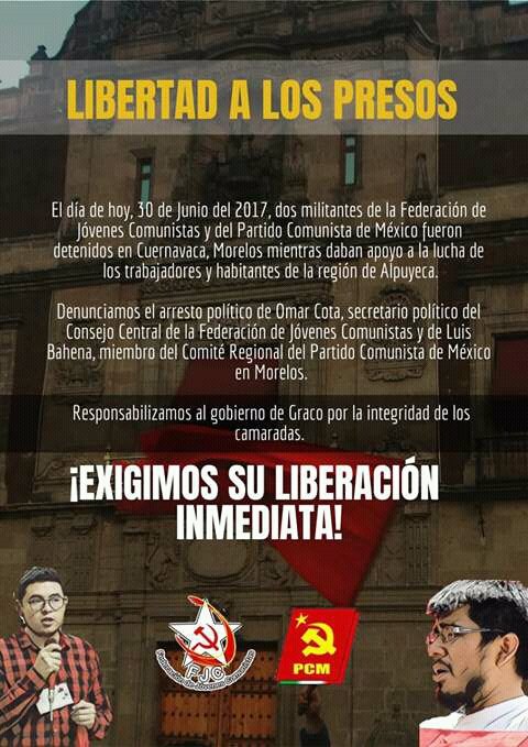 Pela Libertação dos 04 Militantes do Partido Comunista do México (PCM) e da Federação de Jovens Comunistas (FJC)