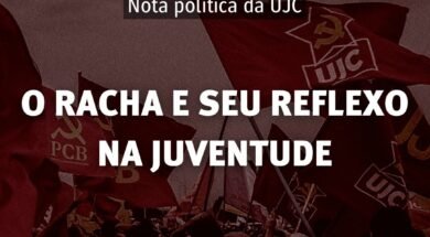 A imagem apresenta um cenário de fundo de uma manifestação onde militantes empunham bandeiras da União da Juventude Comunista (UJC) e do Partido Comunista Brasileiro (PCB). Ao centro está escrito "O RACHA E SEU REFLEXO NA JUVENTUDE". Centralizado na parte superior está o logotipo da UJC e os dizeres "Nota Política da UJC". Centralizado na parte de baixo da imagem está escrito "ujc.org.br".