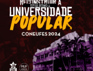 Card com uma foto da UFES no canto inferior direito, as logos da UJC e do MUP no canto inferior esquerdo e no topo a frase "RECONSTRUIR A UNIVERSIDADE POPULAR - CONEUFES 2024"