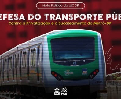 Imagem de um trem do Metrô-DF com elementos gráficos de fogo ao fundo e texto "Em Defesa do Transporte Público: Contra a Privatização e o Sucateamento do Metrô-DF".