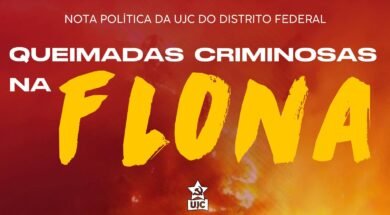 Imagem de fundo vermelho alaranjado, representando chamas, inscrição "QUEIMADAS CRIMINOSAS NA FLONA" ao centro. Centralizado acima, está escrito "NOTA POLÍTICA DA UJC DO DISTRITO FEDERAL". Na parte inferior da imagem, encontra-se o logotipo da União da Juventude Comunista (UJC), composto por uma foice e martelo dentro de uma estrela e uma flâmula abaixo desta com a inscrição "UJC".