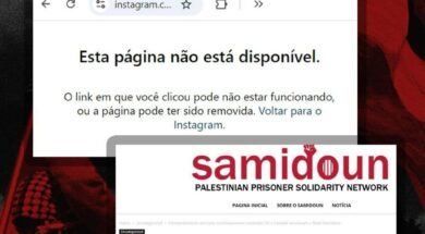 Imagem mostrando um aviso do Instagram sobre página removida, com a logo da Samidoun, UJC e PCB ao fundo, destacando o bloqueio das contas da Rede Samidoun após sanções dos EUA e Canadá.