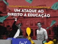 Imagem mostra o governador de São Paulo, Tarcísio de Freitas, com um martelo de leilão, ao lado do secretário de Educação, Renato Feder, em um balcão da B3 (Bolsa de Valores). Ao fundo, há um prédio histórico, e notas de 100 reais caem pela imagem, simbolizando a privatização de 17 escolas estaduais.
