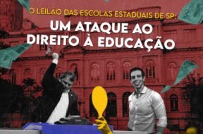 Imagem mostra o governador de São Paulo, Tarcísio de Freitas, com um martelo de leilão, ao lado do secretário de Educação, Renato Feder, em um balcão da B3 (Bolsa de Valores). Ao fundo, há um prédio histórico, e notas de 100 reais caem pela imagem, simbolizando a privatização de 17 escolas estaduais.