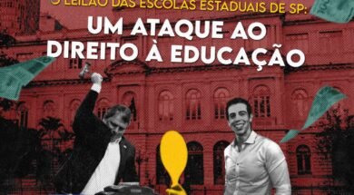 Imagem mostra o governador de São Paulo, Tarcísio de Freitas, com um martelo de leilão, ao lado do secretário de Educação, Renato Feder, em um balcão da B3 (Bolsa de Valores). Ao fundo, há um prédio histórico, e notas de 100 reais caem pela imagem, simbolizando a privatização de 17 escolas estaduais.
