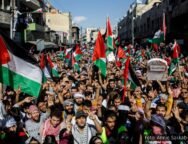 Protesto com uma multidão levantando bandeiras da Palestina em apoio à causa palestina.