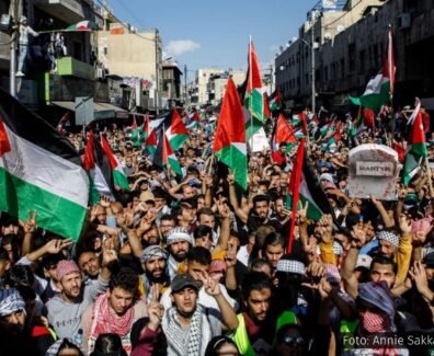 Protesto com uma multidão levantando bandeiras da Palestina em apoio à causa palestina.