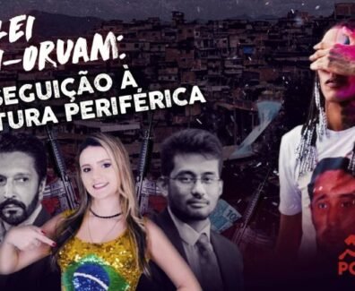 Uma montagem digital apresenta um fundo de favela com armas e dinheiro. No topo, a frase "Lei Anti-Oruam: Perseguição à Cultura Periférica" está em destaque. À direita, um cantor de funk cobre o rosto com a mão. À esquerda, três figuras de terno e uma mulher com a camisa do Brasil representam apoiadores da repressão. No canto inferior direito, os símbolos do PCB e da UJC indicam a posição contrária à medida.