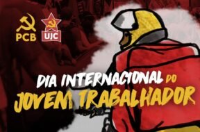 Arte em comemoração ao Dia Internacional da Juventude Trabalhadora, com um entregador de aplicativo de costas e a frase DIA INTERNACIONAL DO JOVEM TRABALHADOR ao centro