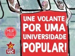 Ilustração: releitura de fotografia da campanha "UNE Volante". Representação de estudantes em um ônibus segurando uma faixa com a seguinte escritura: "UNE Voltante por uma Universidade Popular".