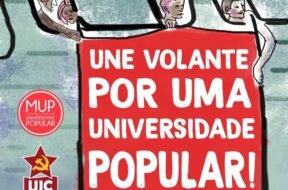 Ilustração: releitura de fotografia da campanha "UNE Volante". Representação de estudantes em um ônibus segurando uma faixa com a seguinte escritura: "UNE Voltante por uma Universidade Popular".