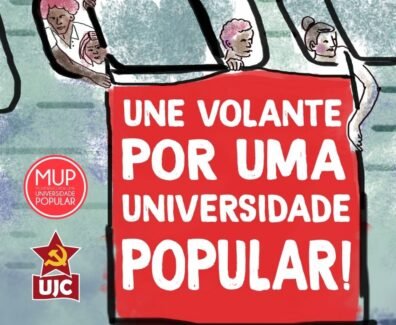 Ilustração: releitura de fotografia da campanha "UNE Volante". Representação de estudantes em um ônibus segurando uma faixa com a seguinte escritura: "UNE Voltante por uma Universidade Popular".