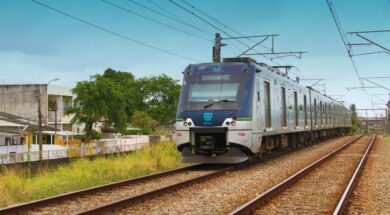 A imagem mostra o metrô em uma das ferrovias do Recife, com casas ao lado esquerdo. Na parte inferior, há gramados e capins em tons de verde e amarelo. Acima, um céu azul indica que possivelmente já seja o período da tarde.