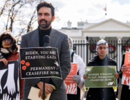 Fala de Zohran Mamdani em frente à Casa Branca durante uma greve de fome de cinco dias por Gaza. No cartaz: “Biden, você está deixando Gaza morrer de fome. Cessar-fogo permanente agora”. Foto: Eman Mohammed.