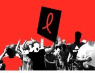 A imagem retrata uma colagem com vários indivíduos, homens e mulheres, com rostos recortados sem detalhes e identificação, onde um indivíduo ergue uma placa com o laço vermelho representando a luta por políticas de HIV e AIDS.