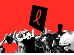 A imagem retrata uma colagem com vários indivíduos, homens e mulheres, com rostos recortados sem detalhes e identificação, onde um indivíduo ergue uma placa com o laço vermelho representando a luta por políticas de HIV e AIDS.