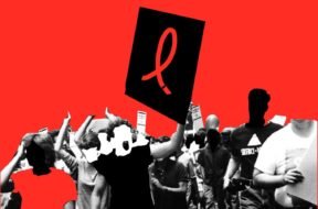 A imagem retrata uma colagem com vários indivíduos, homens e mulheres, com rostos recortados sem detalhes e identificação, onde um indivíduo ergue uma placa com o laço vermelho representando a luta por políticas de HIV e AIDS.