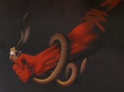 Ilustração de braço, com camisa de manga puxada até o cotovelo, estrangulando uma serpente com a mão. A serpente está com a boca aberta e a língua para fora, enquanto seus olhos arregalados apresentam a suástica no lugar das pupilas. O fundo da ilustração é escuro, destacando os elementos citados.