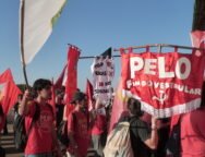 Grupo de estudantes em manifestação ao ar livre, vestindo camisetas vermelhas e segurando bandeiras e faixas; uma delas diz “Pelo fim do vestibular”, enquanto outras defendem pautas como Universidade Popular e melhores condições de estudo. Foto: Amanda Braun / UJC Brasil.