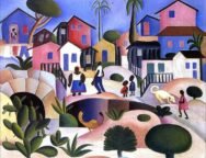 Pintura de paisagem com casas e algumas árvores ao fundo, com pessoas negras e um cachorro na parte da frente dessas construções, e morros com plantas no primeiro plano da pintura. São utilizadas diversas cores no quadro, bem como figuras geométricas para representar seus elementos. Autoria: Tarsila do Amaral.