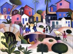 Pintura de paisagem com casas e algumas árvores ao fundo, com pessoas negras e um cachorro na parte da frente dessas construções, e morros com plantas no primeiro plano da pintura. São utilizadas diversas cores no quadro, bem como figuras geométricas para representar seus elementos. Autoria: Tarsila do Amaral.