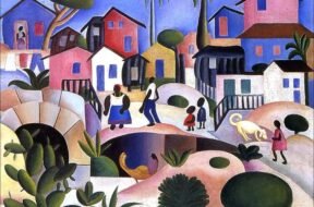 Pintura de paisagem com casas e algumas árvores ao fundo, com pessoas negras e um cachorro na parte da frente dessas construções, e morros com plantas no primeiro plano da pintura. São utilizadas diversas cores no quadro, bem como figuras geométricas para representar seus elementos. Autoria: Tarsila do Amaral.