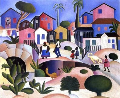 Pintura de paisagem com casas e algumas árvores ao fundo, com pessoas negras e um cachorro na parte da frente dessas construções, e morros com plantas no primeiro plano da pintura. São utilizadas diversas cores no quadro, bem como figuras geométricas para representar seus elementos. Autoria: Tarsila do Amaral.